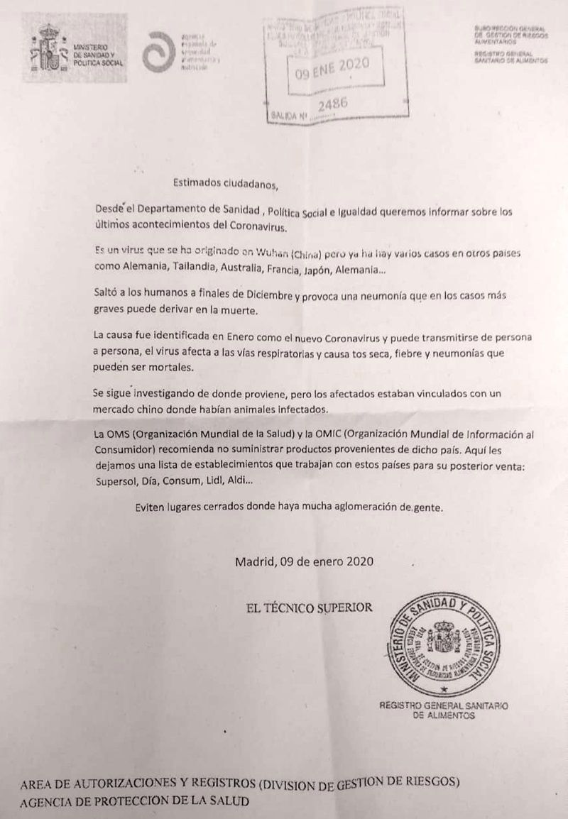 La carta falsament signada que han rebut els veïns de Sabadell sobre el coronavirus. FOTO: Cedida